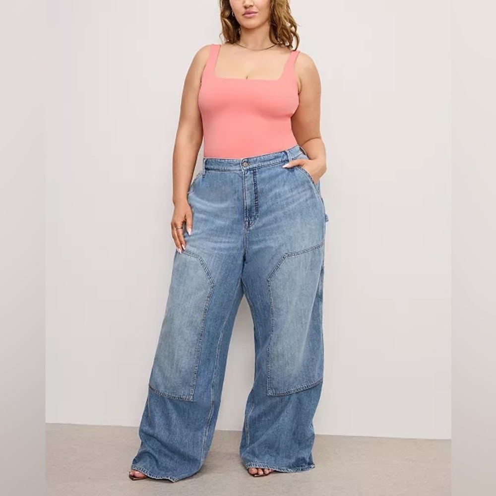 Plus Size Wide Leg Patchwork Jeans - Light Blue